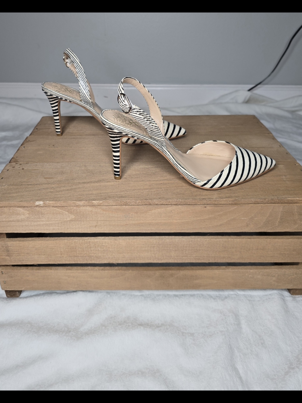Striped Pointed Slingback Pumps in Black and White - Picture 4 of 10